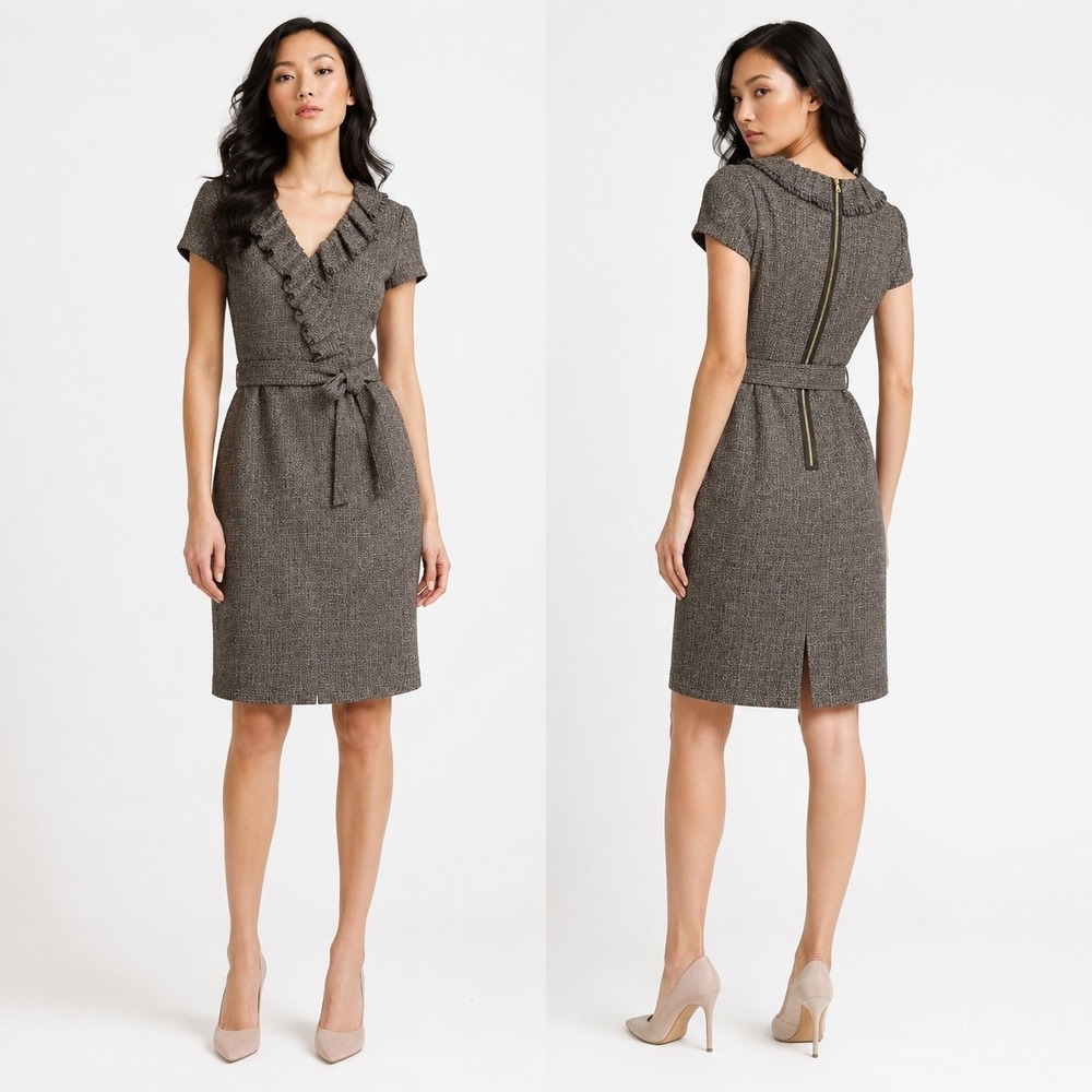 Kay Unger Women Sheath Dress Brown 6 Tweed Ruffle V-Neck Belted‎ Career Preppy